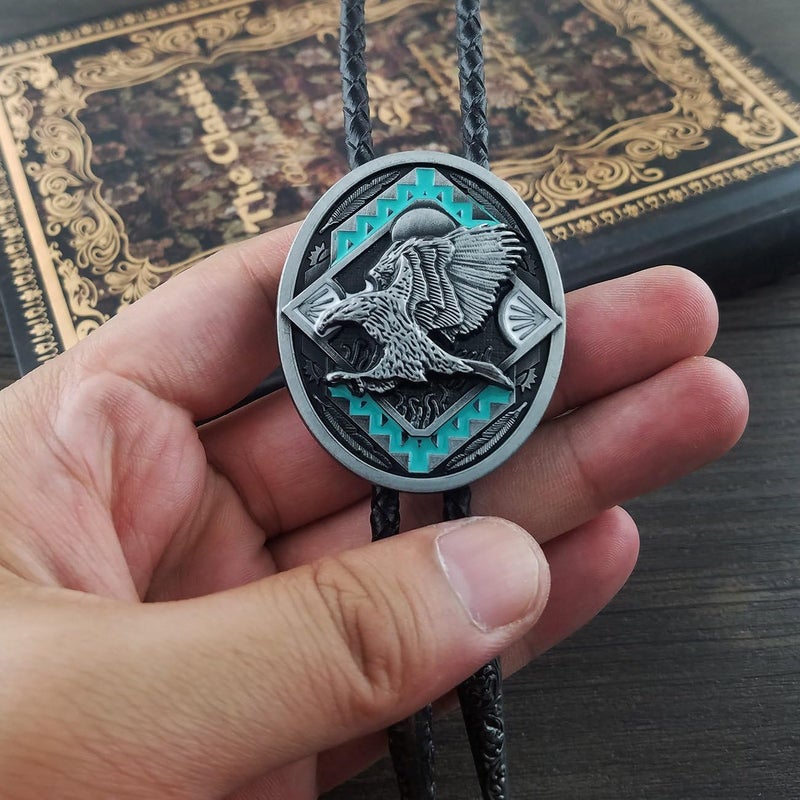 QUKE Native American Western Cowboy 3D Bald Eagle Sunset Bolo Tie Hand-woven Leather Necktie for Men Women - Image 4